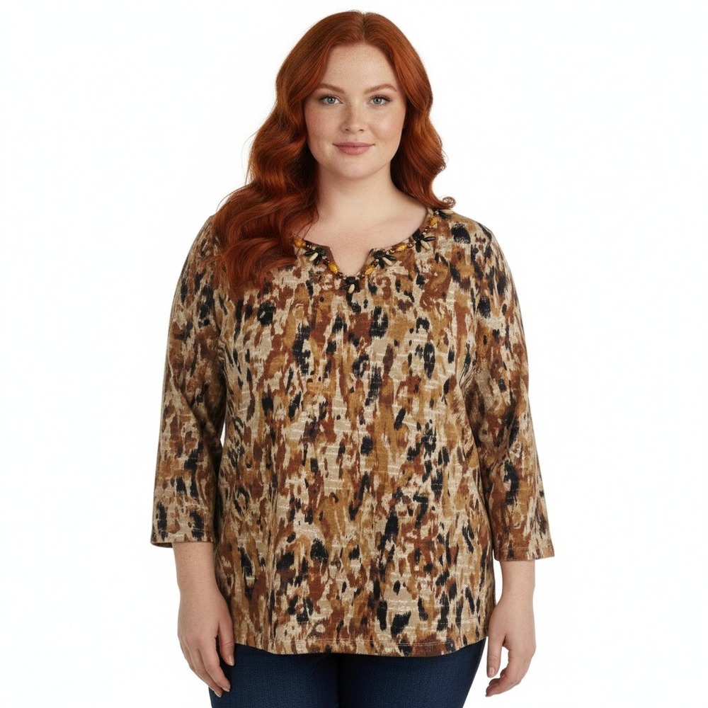 Ruby Rd. Shirt Womens 3X Brown Animal Print Beaded‎ Neckline Stretch 3/4 Sleeve